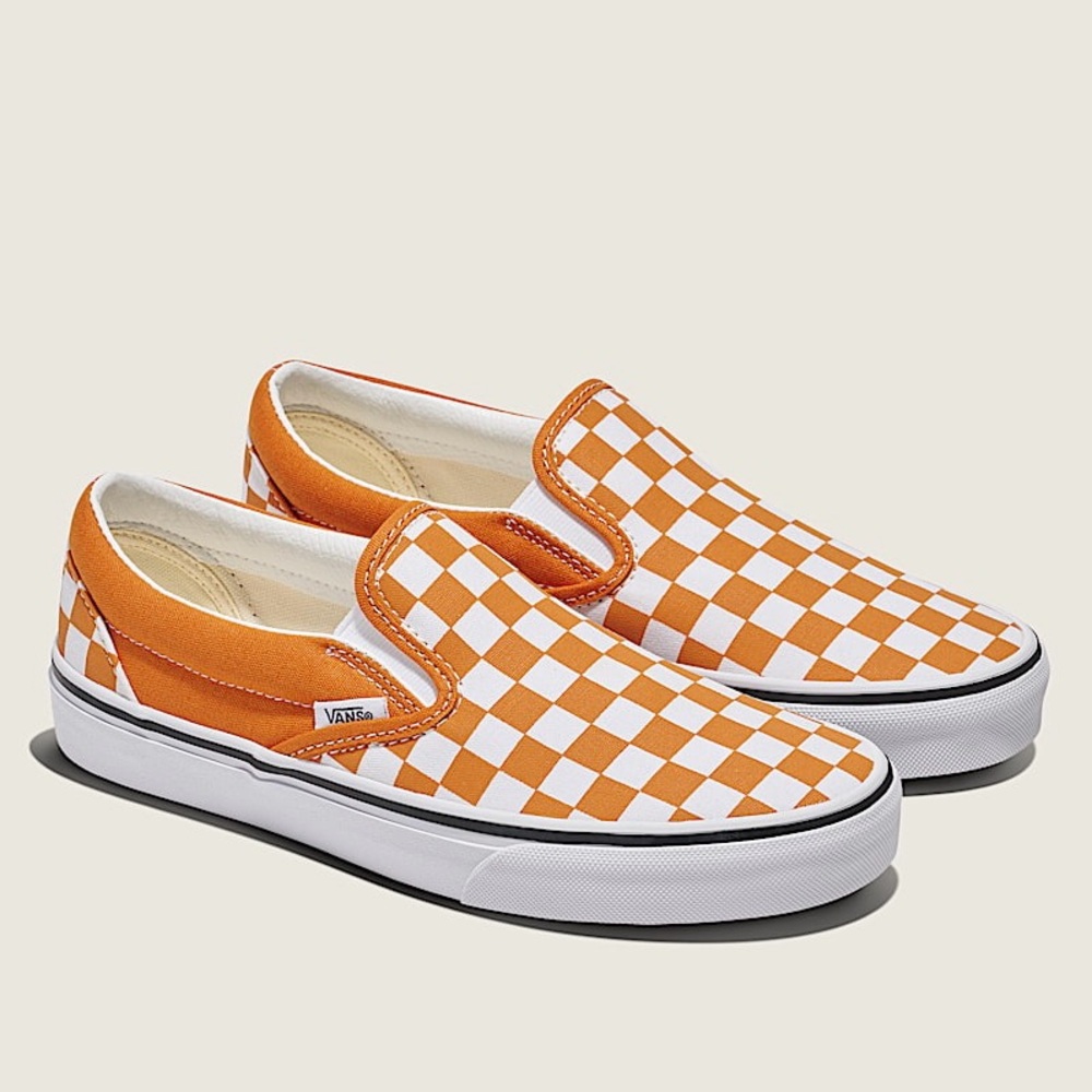 Vans Classic Slip Ons, Orange Checkered, Size Men’s 8.5/Women’s 10